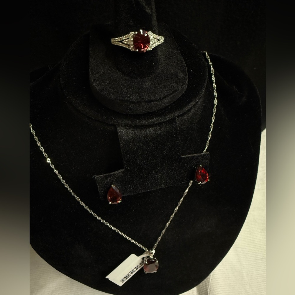 Silver Necklace and Hessonite Garnet Red Jewelry Set Ring Size 9